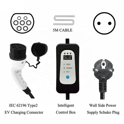 Draagbare EV-oplader voor elektrische voertuigen 16A stroomverstelbaar Iec 62196 Type2 Evse