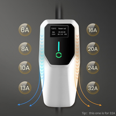 Eenfasige draagbare EV-oplader met uitgangsstroom 6A-8A-10A-13A-16A-20A-24A-32A